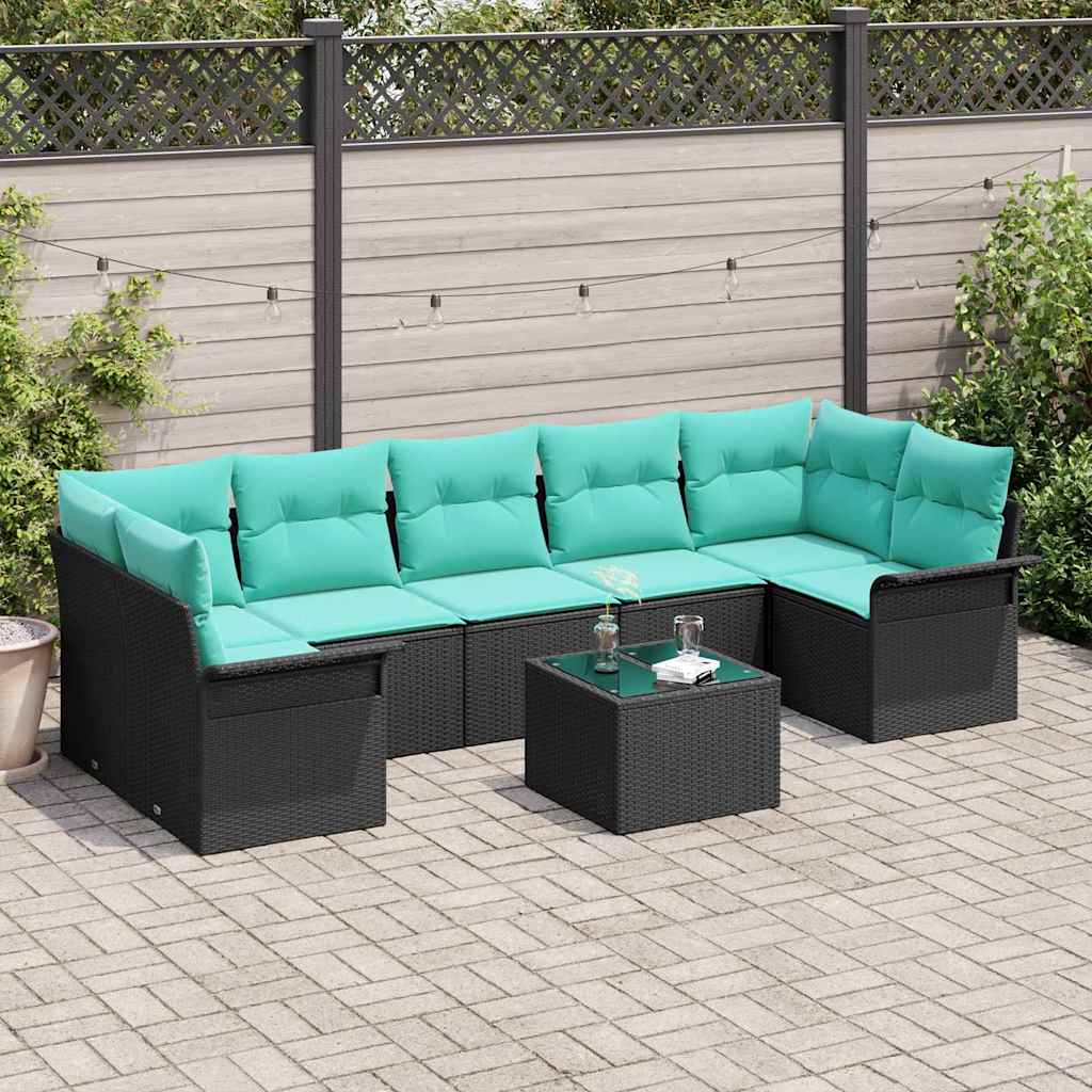 Set Divano da Giardino 8 pcs Nero e Turchese polyrattan