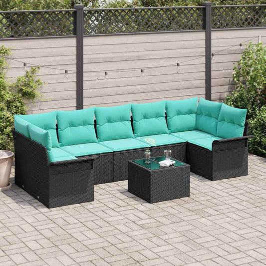 Set Divano da Giardino 8 pcs Nero e Turchese polyrattan