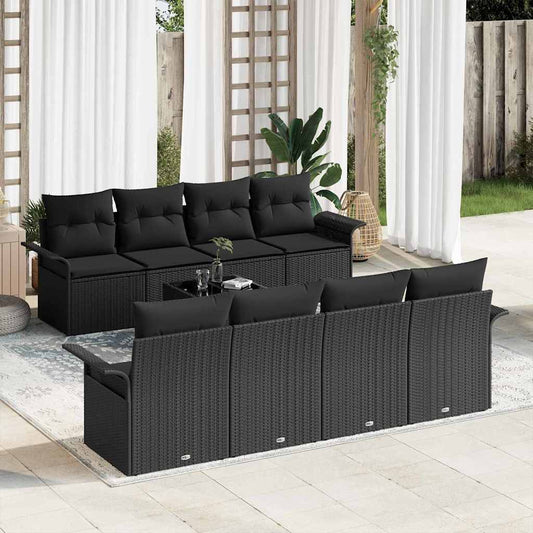 Set Divano da Giardino con cuscino 9 pcs Nero polyrattan