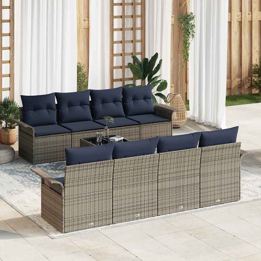 Set Divano da Giardino 9 pcs Grigio e Blu Navy polyrattan | homemem39