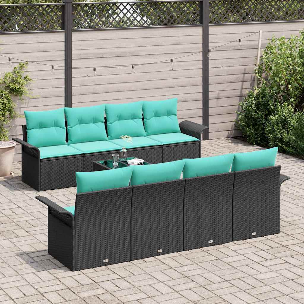 Set Divano da Giardino 9 pcs Nero e Turchese polyrattan | homemem39