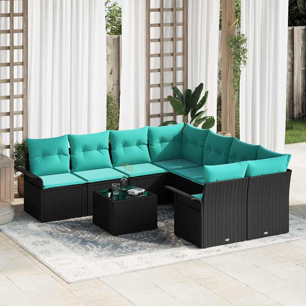 Set Divano da Giardino 9 pcs Nero e Turchese polyrattan | homemem39