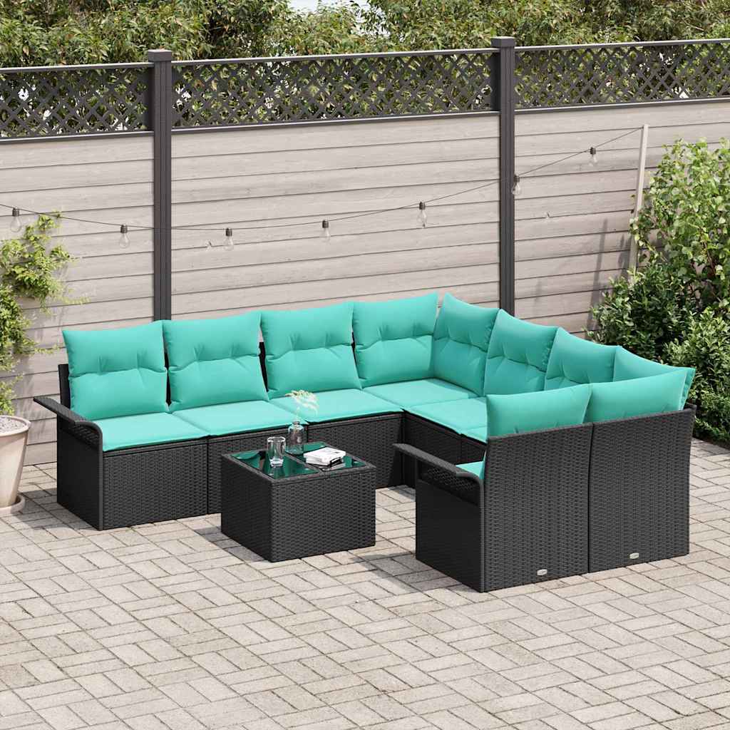 Set Divano da Giardino 9 pcs Nero e Turchese polyrattan | homemem39