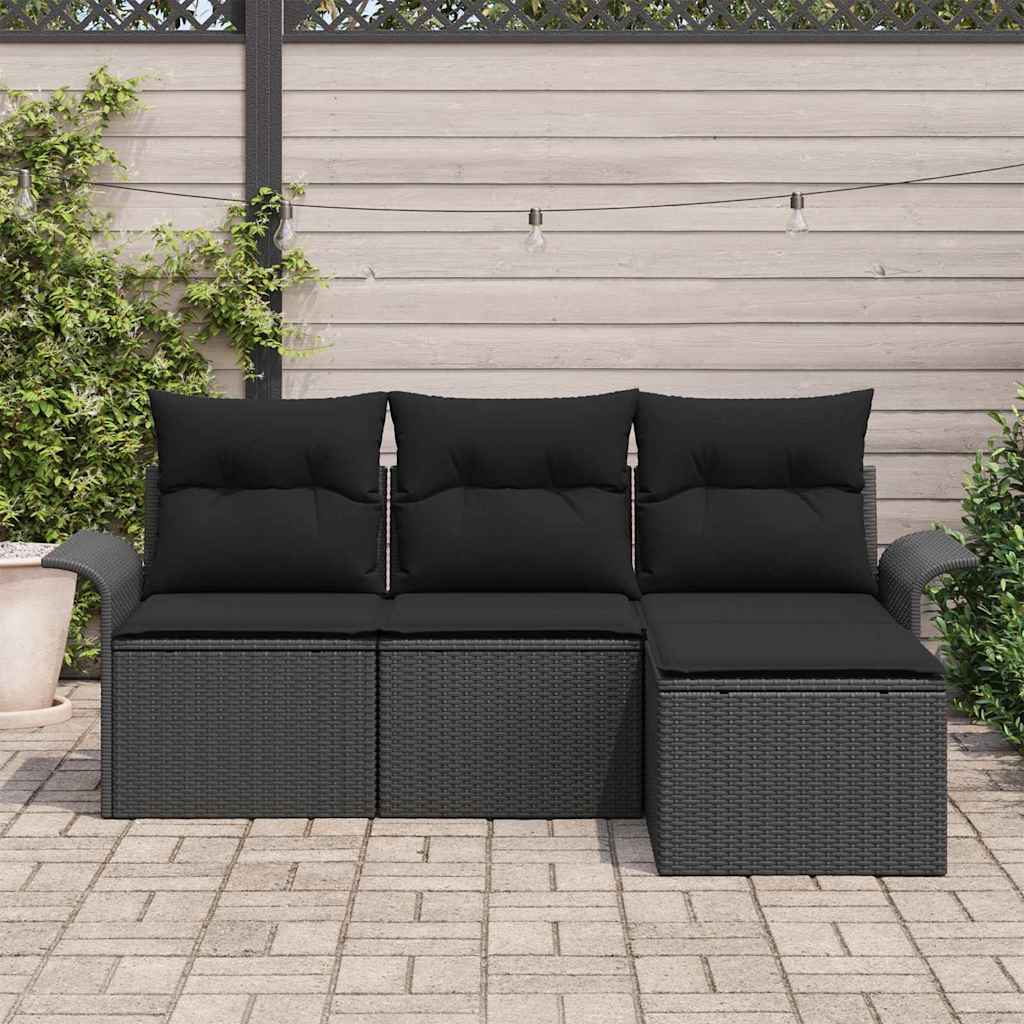Set Divano da Giardino con cuscino 4 pcs Nero Poly Rattan | homemem39