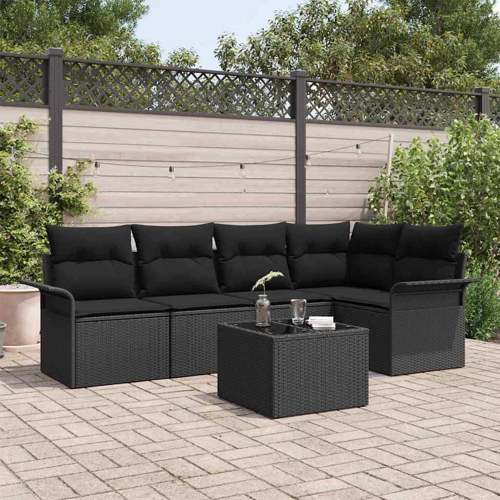 Set Divano da Giardino con cuscino 6 pcs Nero Poly Rattan | homemem39