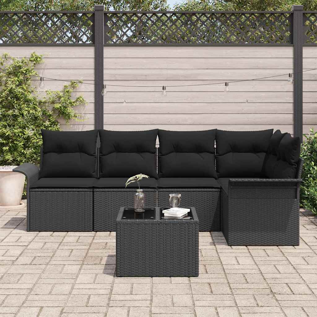Set Divano da Giardino con cuscino 6 pcs Nero Poly Rattan | homemem39