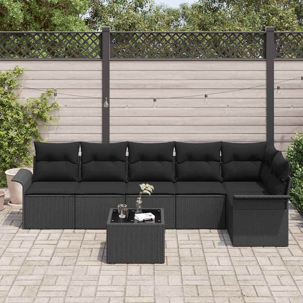 Set Divano da Giardino con cuscino 7 pcs Nero Poly Rattan | homemem39