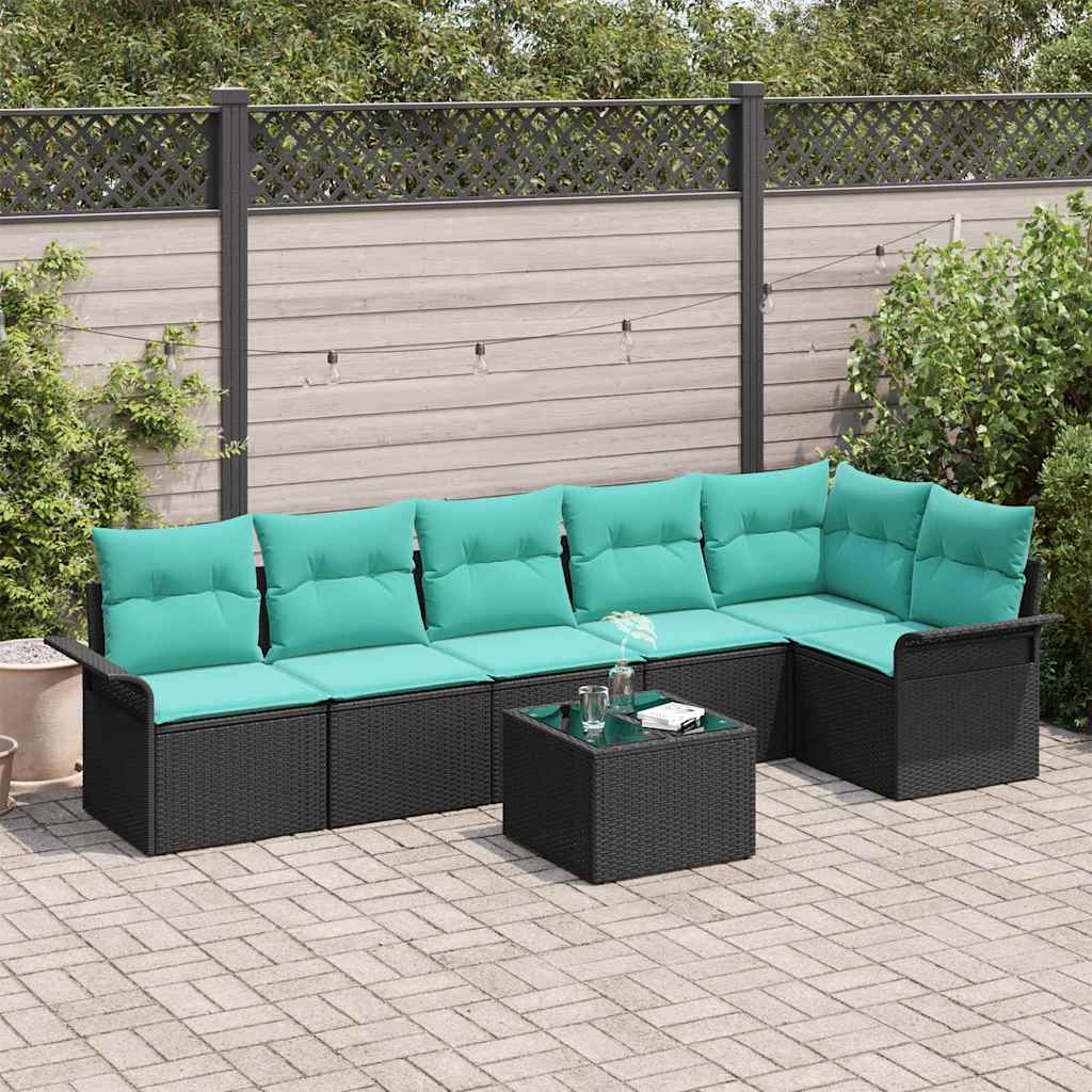 Set Divano da Giardino con cuscino 7 pcs Nero Poly Rattan | homemem39
