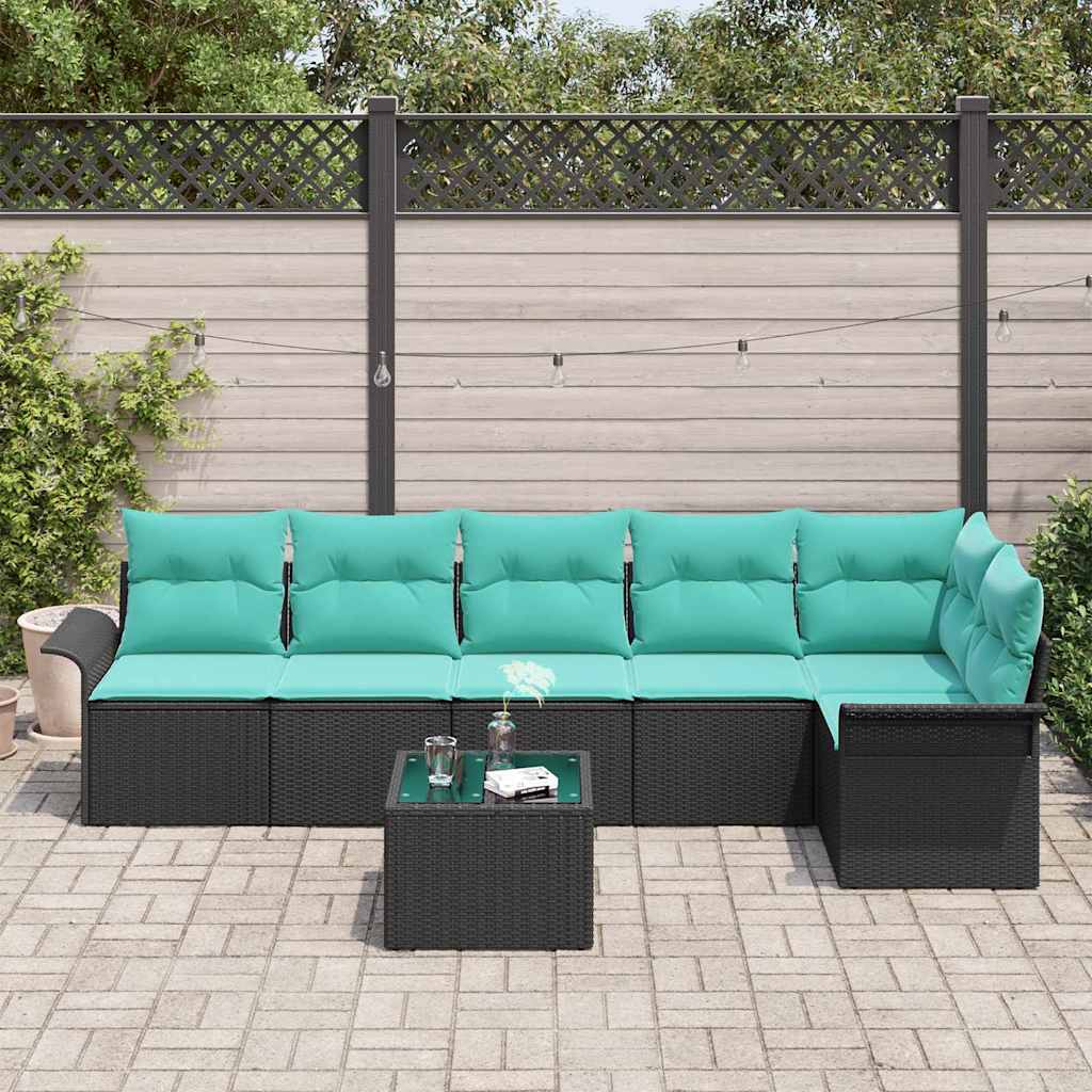 Set Divano da Giardino con cuscino 7 pcs Nero Poly Rattan | homemem39