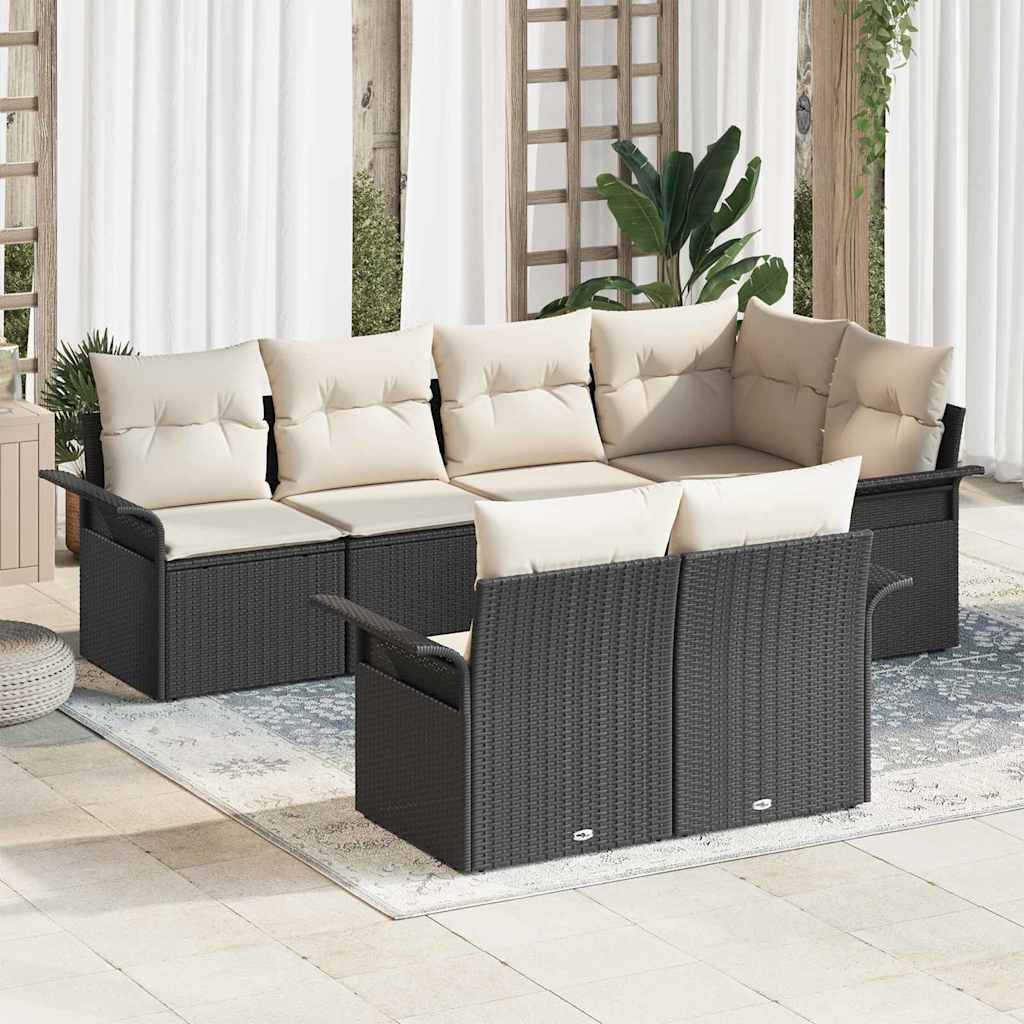 Set Divano da Giardino con cuscino 7 pcs Nero Poly Rattan | homemem39