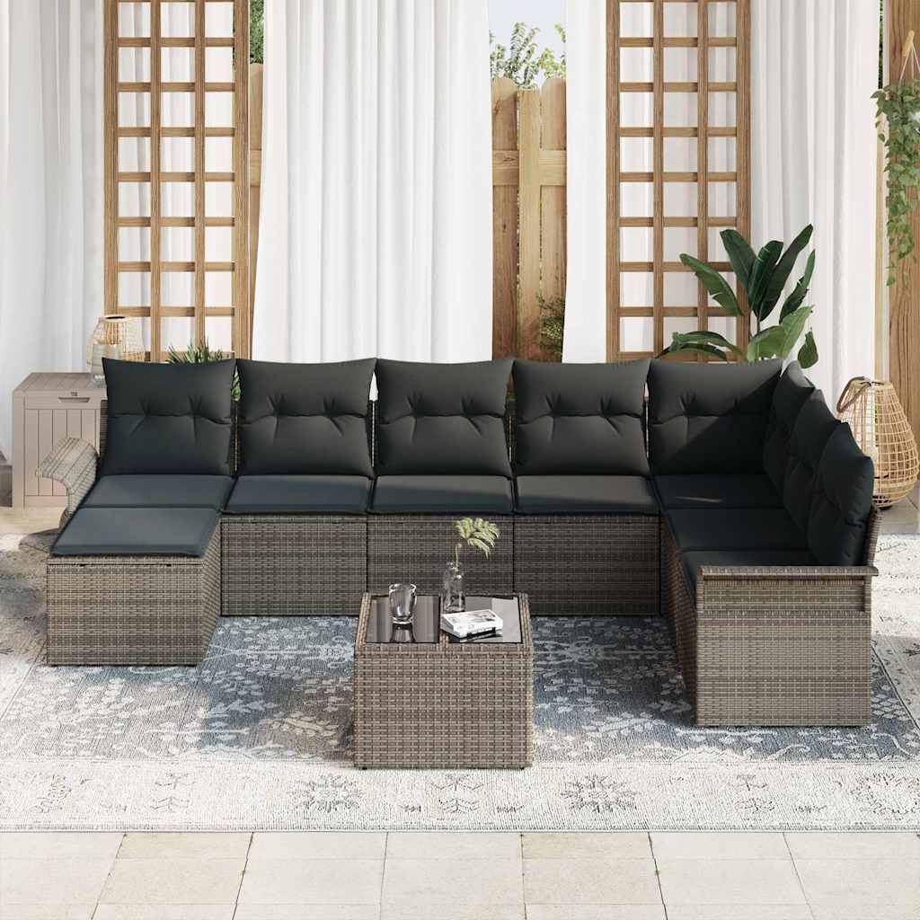 Set Divano da Giardino con cuscino 9 pcs Nero Poly Rattan
