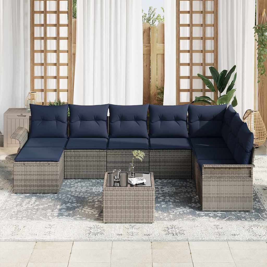 Set Divano da Giardino con cuscino 9 pcs Grigio Poly Rattan | homemem39