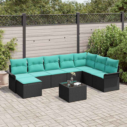 Set Divano da Giardino con cuscino 9 pcs Nero Poly Rattan | homemem39
