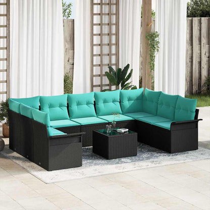 Set Divano da Giardino con cuscino 10 pcs Nero Poly Rattan | homemem39