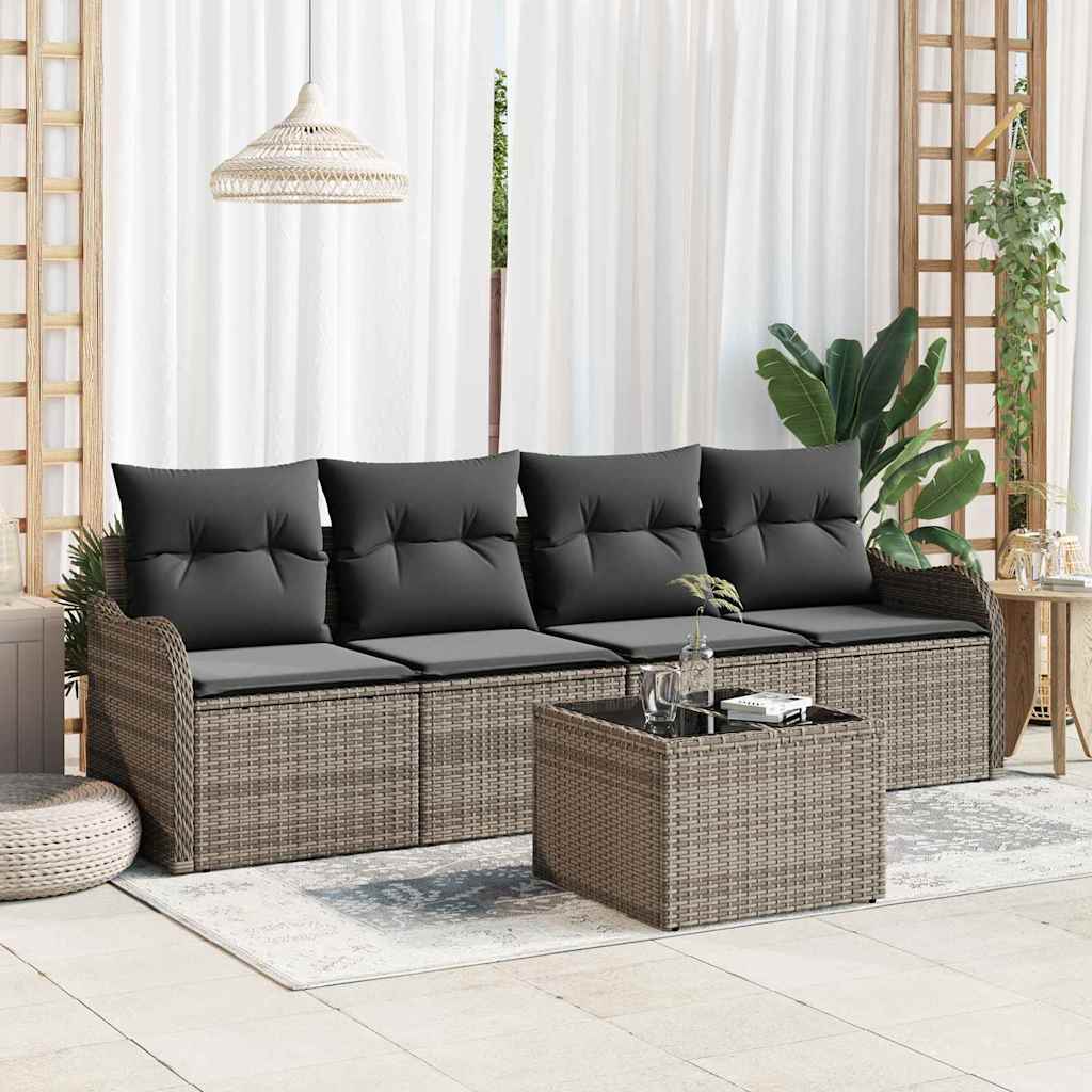 Set Divano da Giardino 5 pcs Grigio Polyrattan, Acciaio e Vetro | homemem39