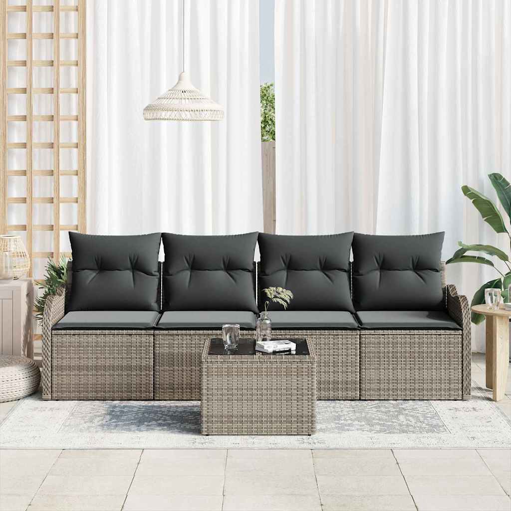 Set Divano da Giardino 5 pcs Grigio Polyrattan, Acciaio e Vetro | homemem39