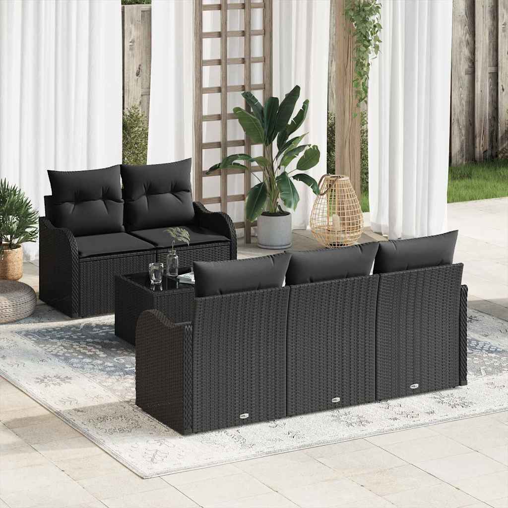 Set Divano da Giardino 6 pcs Nero Polyrattan, Acciaio e Vetro | homemem39