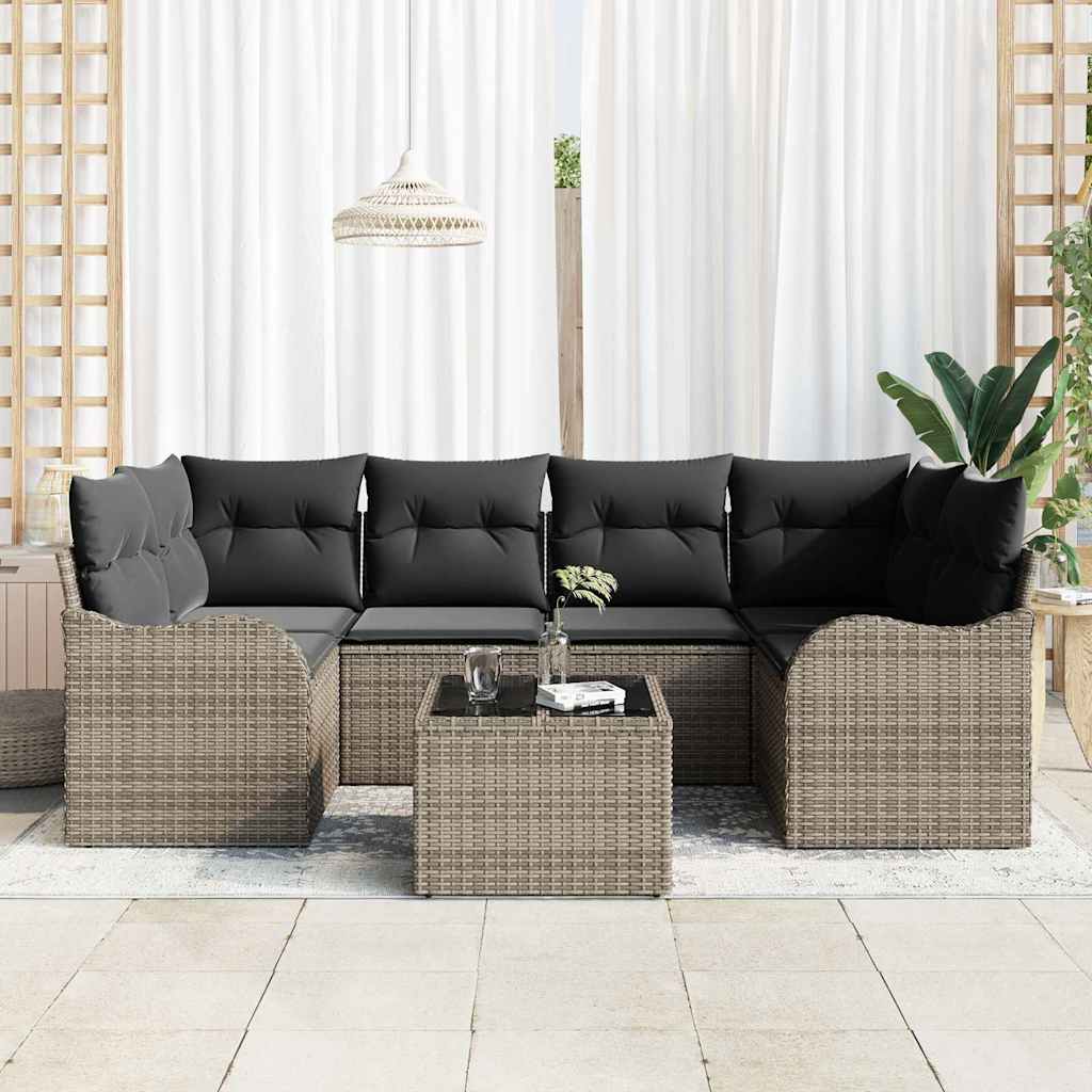 Set Divano da Giardino 7 pcs Grigio Polyrattan, Acciaio e Vetro | homemem39