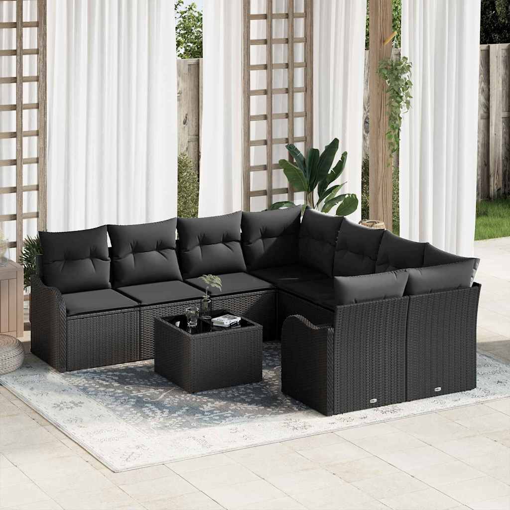 Set Divano da Giardino con cuscino con archiviazione 9 pcs Nero | homemem39