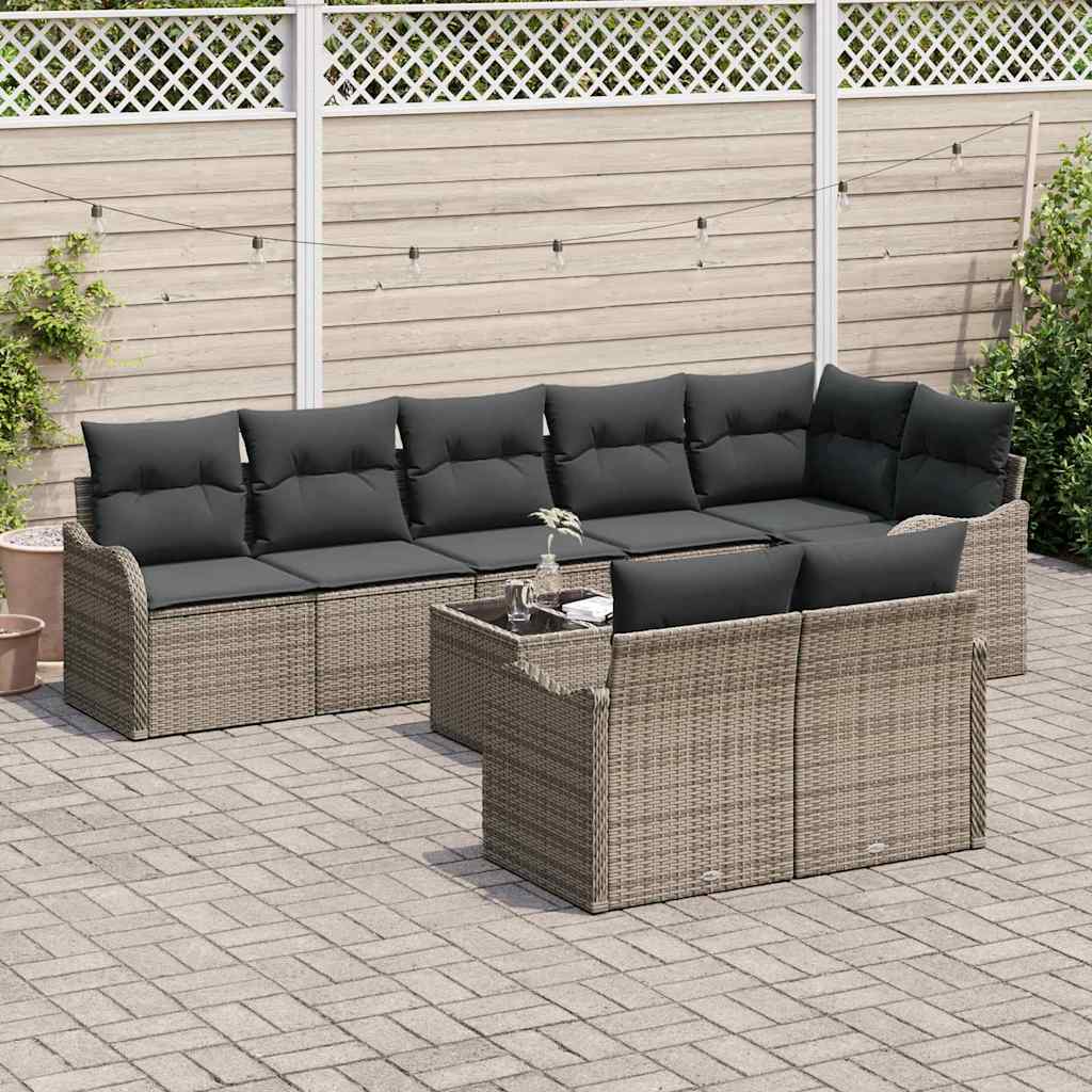 Set Divano da Giardino con cuscino 9 pcs Grigio Poly Rattan