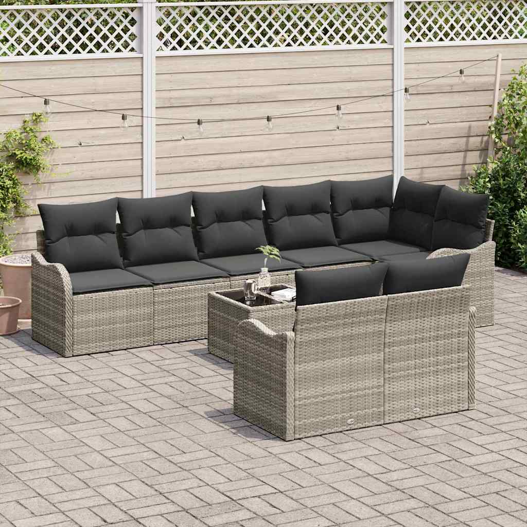 Set Divano da Giardino 9 pcs Grigio chiaro Poly Rattan | homemem39
