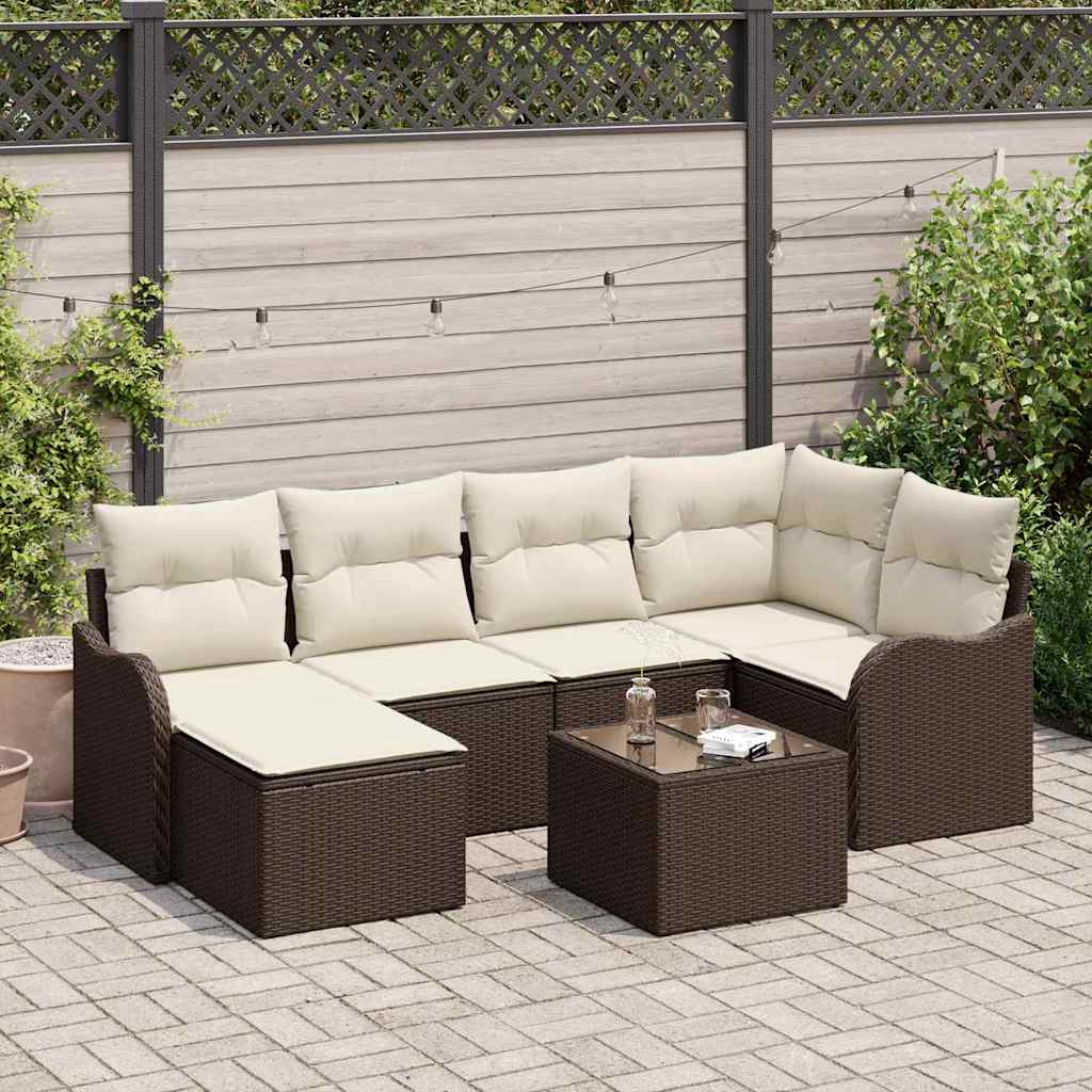 Set Divano da Giardino 7 pcs Marrone e bianco Poly Rattan | homemem39