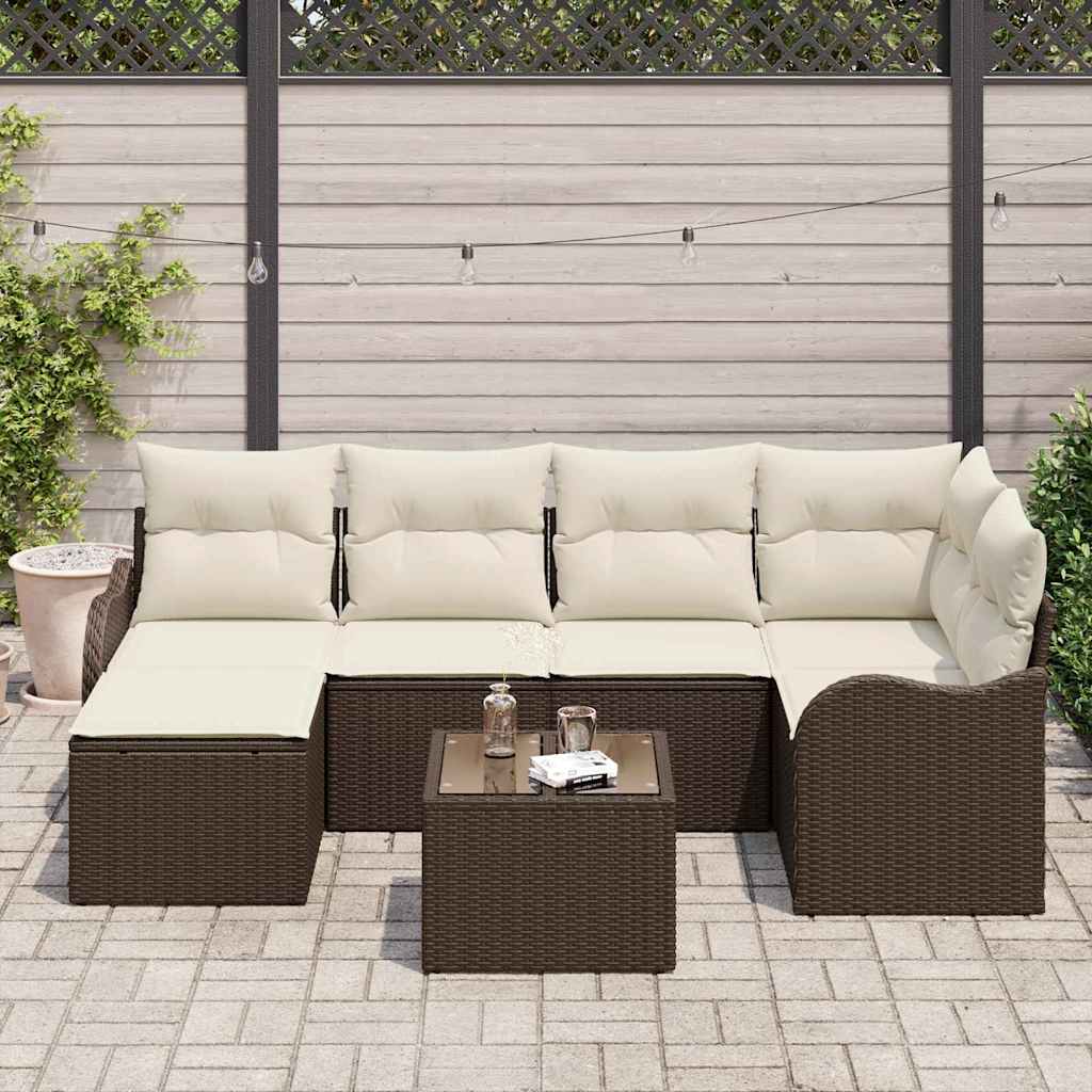Set Divano da Giardino 7 pcs Marrone e bianco Poly Rattan | homemem39
