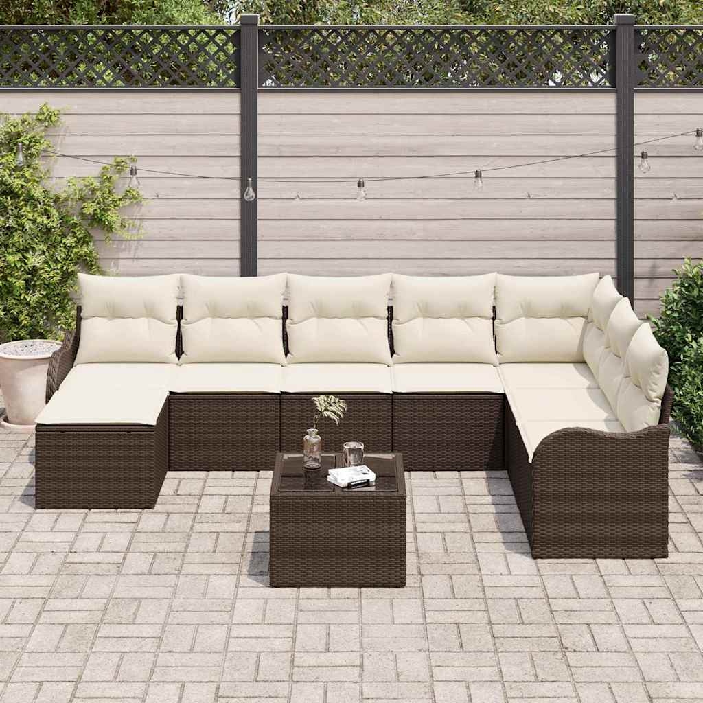 Set Divano da Giardino 9 pcs Marrone e bianco Poly Rattan | homemem39