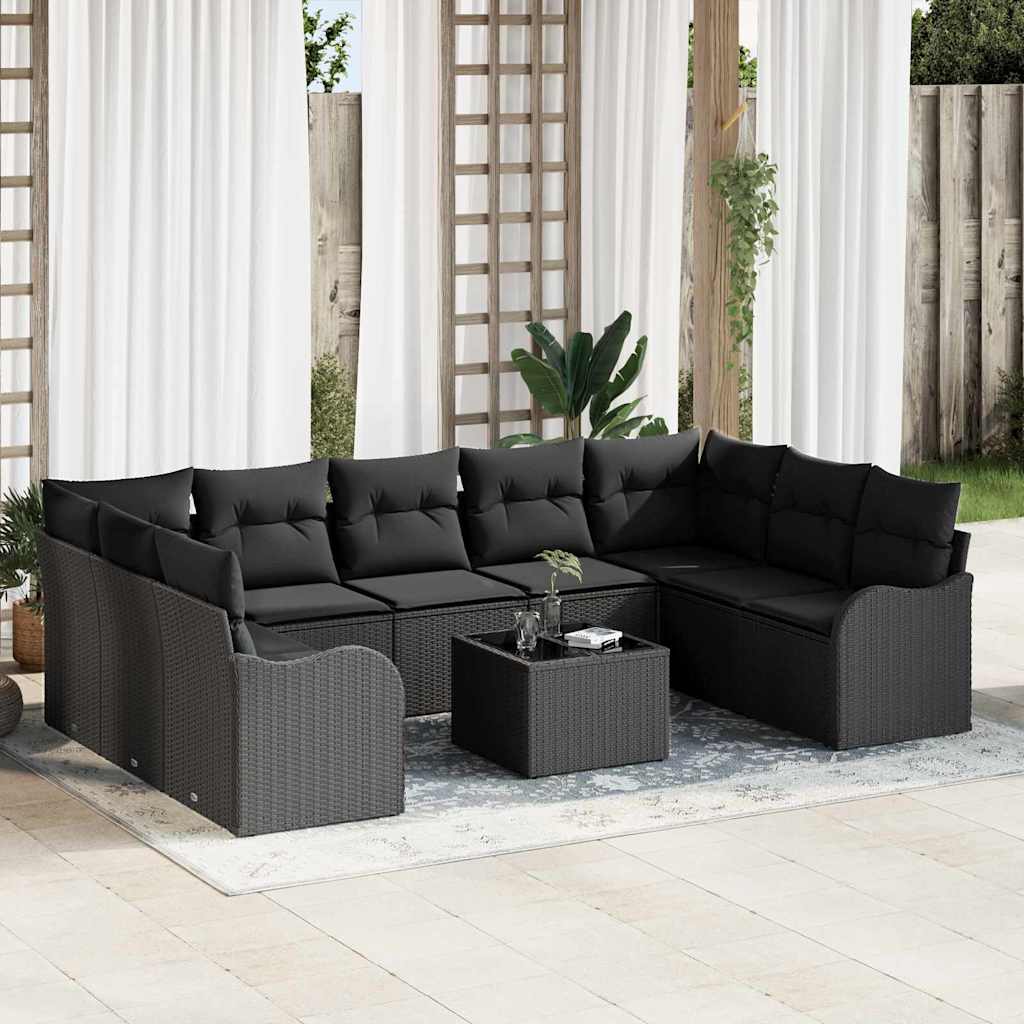 Set Divano da Giardino con cuscino 10 pcs Nero Poly Rattan | homemem39
