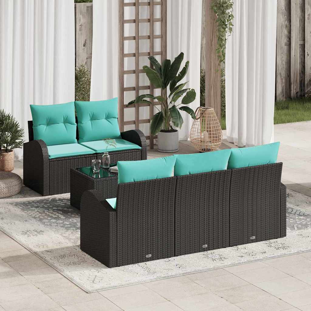 Set Divano da Giardino 6 pz 5-Numero di posti Nero e Turchese