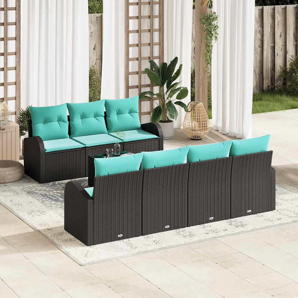 Set Divano da Giardino 8 pz 7-Numero di posti Nero e Turchese