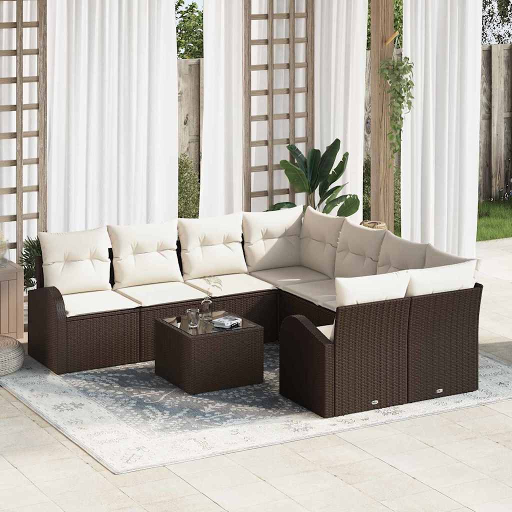 Set di divani con cuscino 9 pcs Marrone e Crema polyrattan