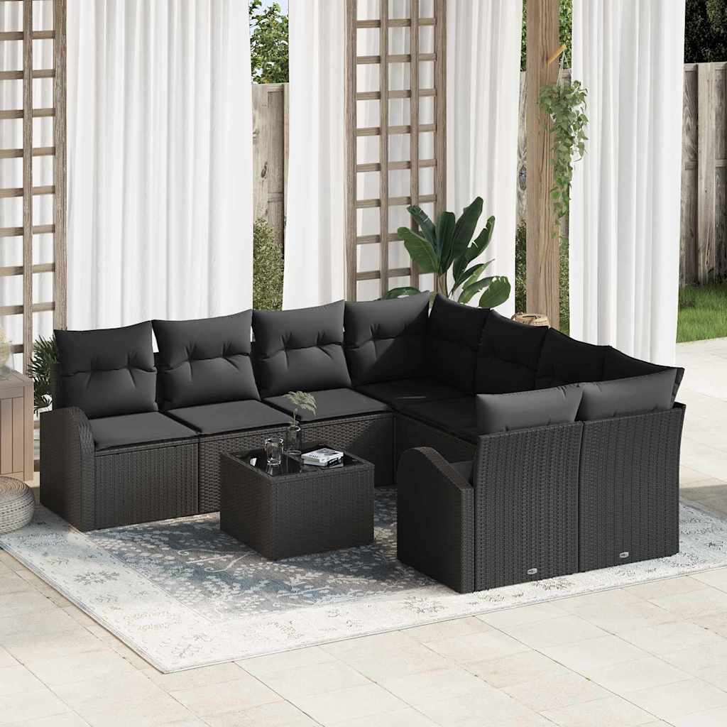 Set di divani con cuscino 9 pcs Nero polyrattan | homemem39