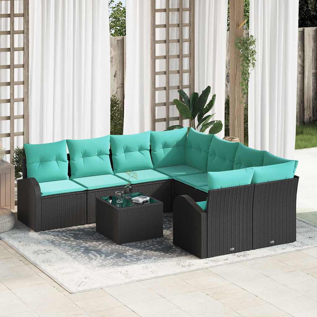 Set di divani 9 pz 8-Numero di posti Nero e Turchese polyrattan