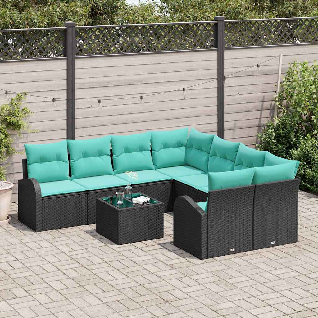 Set di divani 9 pz 8-Numero di posti Nero e Turchese polyrattan