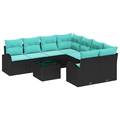 Set di divani 9 pz 8-Numero di posti Nero e Turchese polyrattan