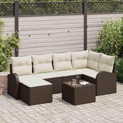Set di divani con cuscino 7 pcs Marrone e bianco polyrattan