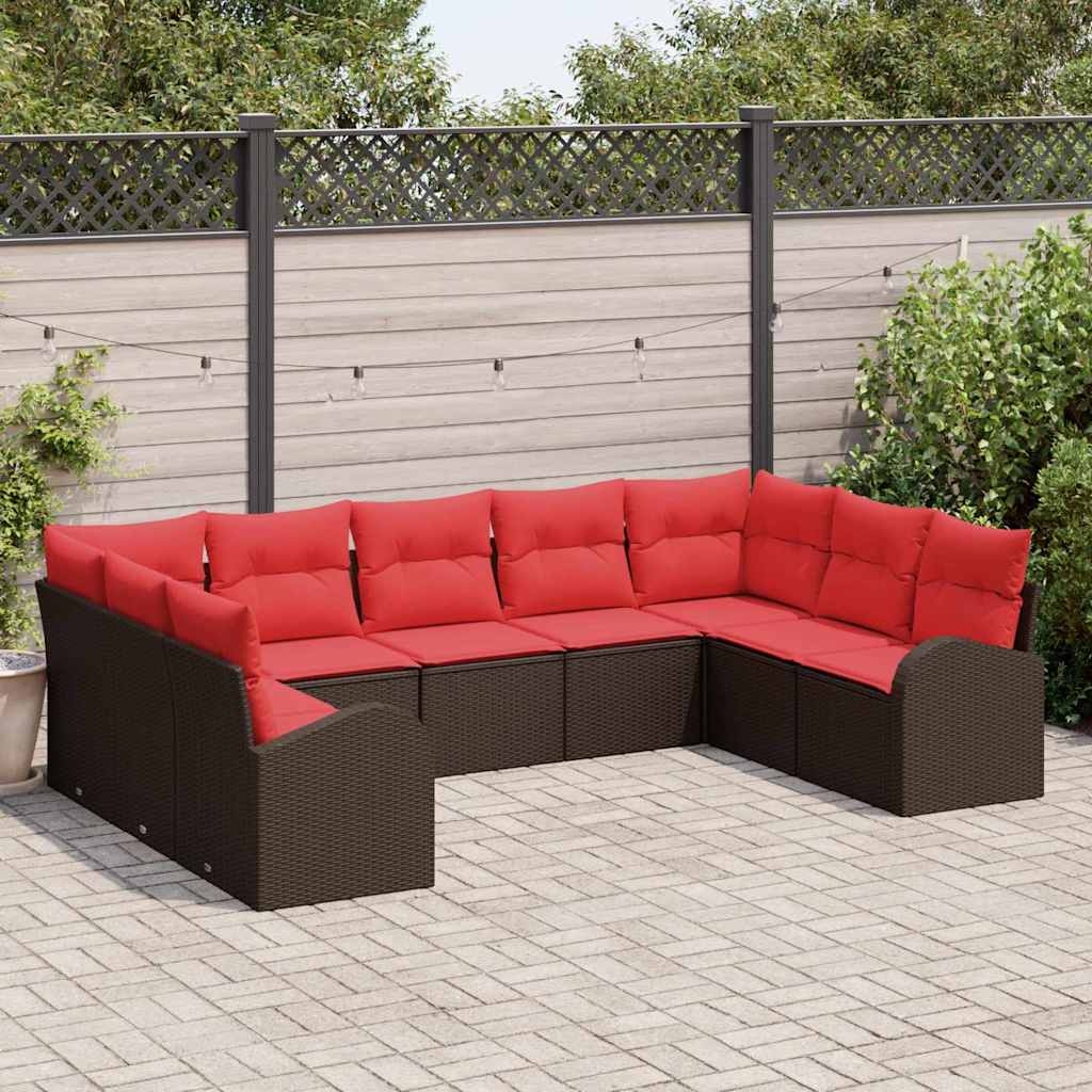 Set Divano da Giardino 9 pcs Marrone e Rosso polyrattan | homemem39