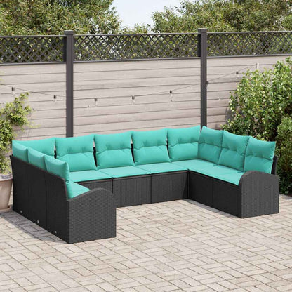 Set Divano da Giardino 9 pz Nero e Turchese polyrattan