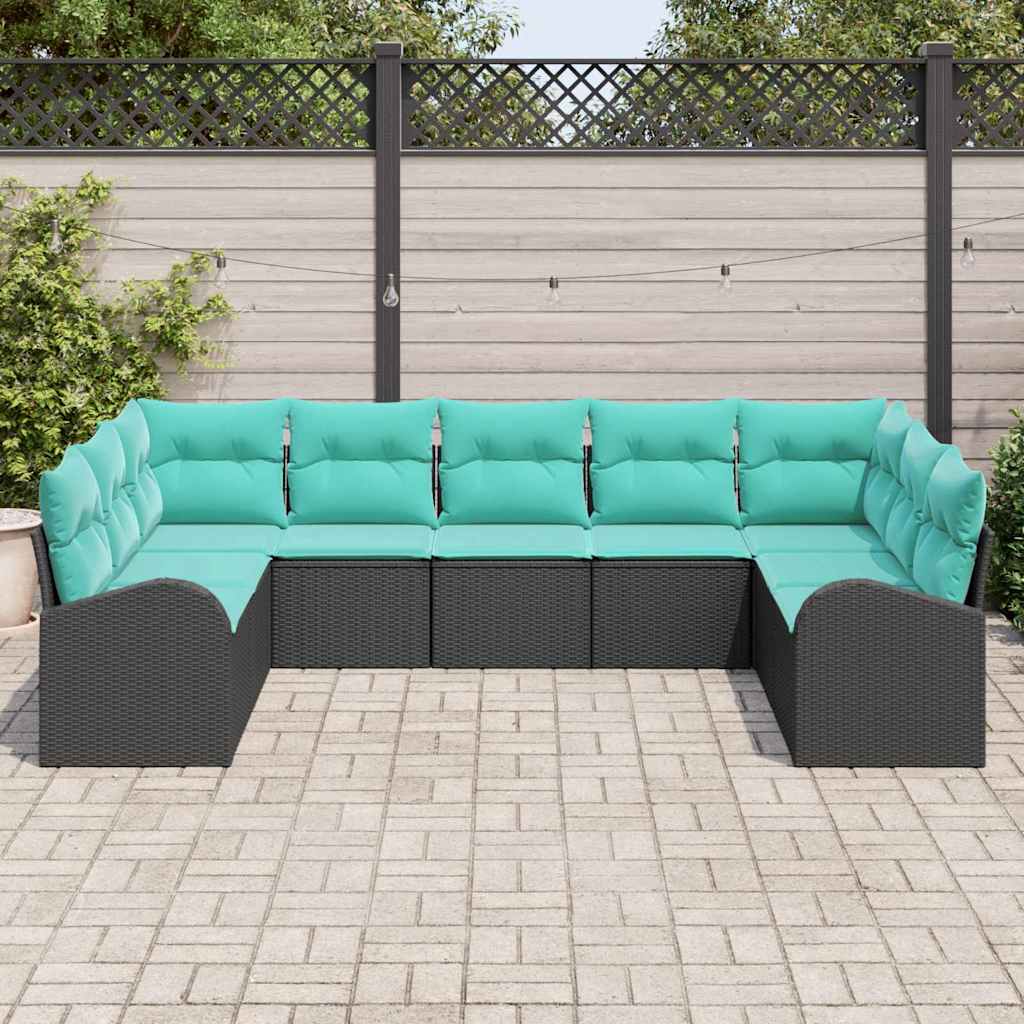 Set Divano da Giardino 9 pz Nero e Turchese polyrattan
