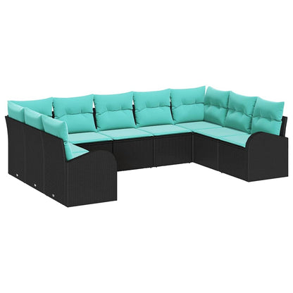 Set Divano da Giardino 9 pz Nero e Turchese polyrattan