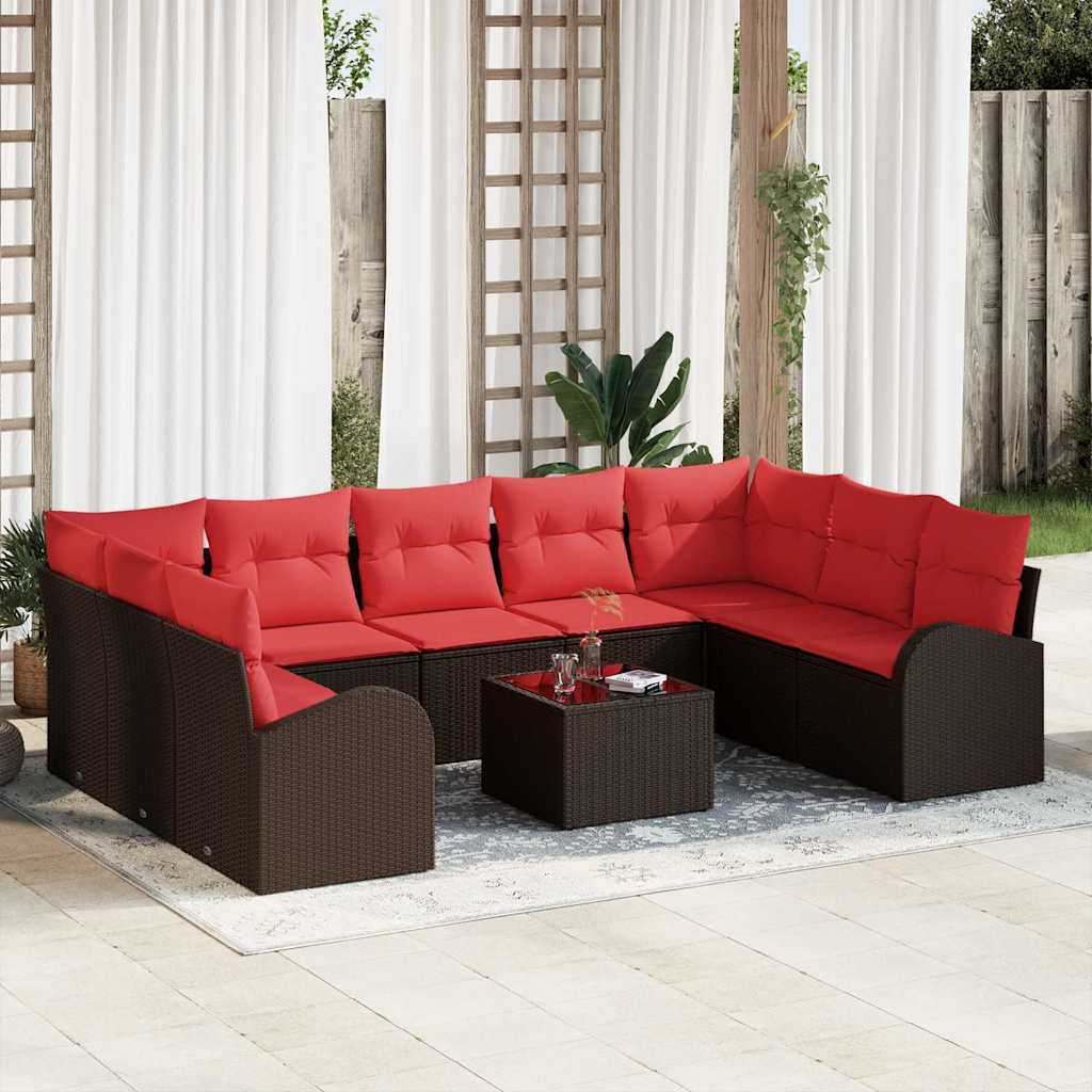 Set Divano da Giardino 10 pcs Marrone e Rosso polyrattan | homemem39