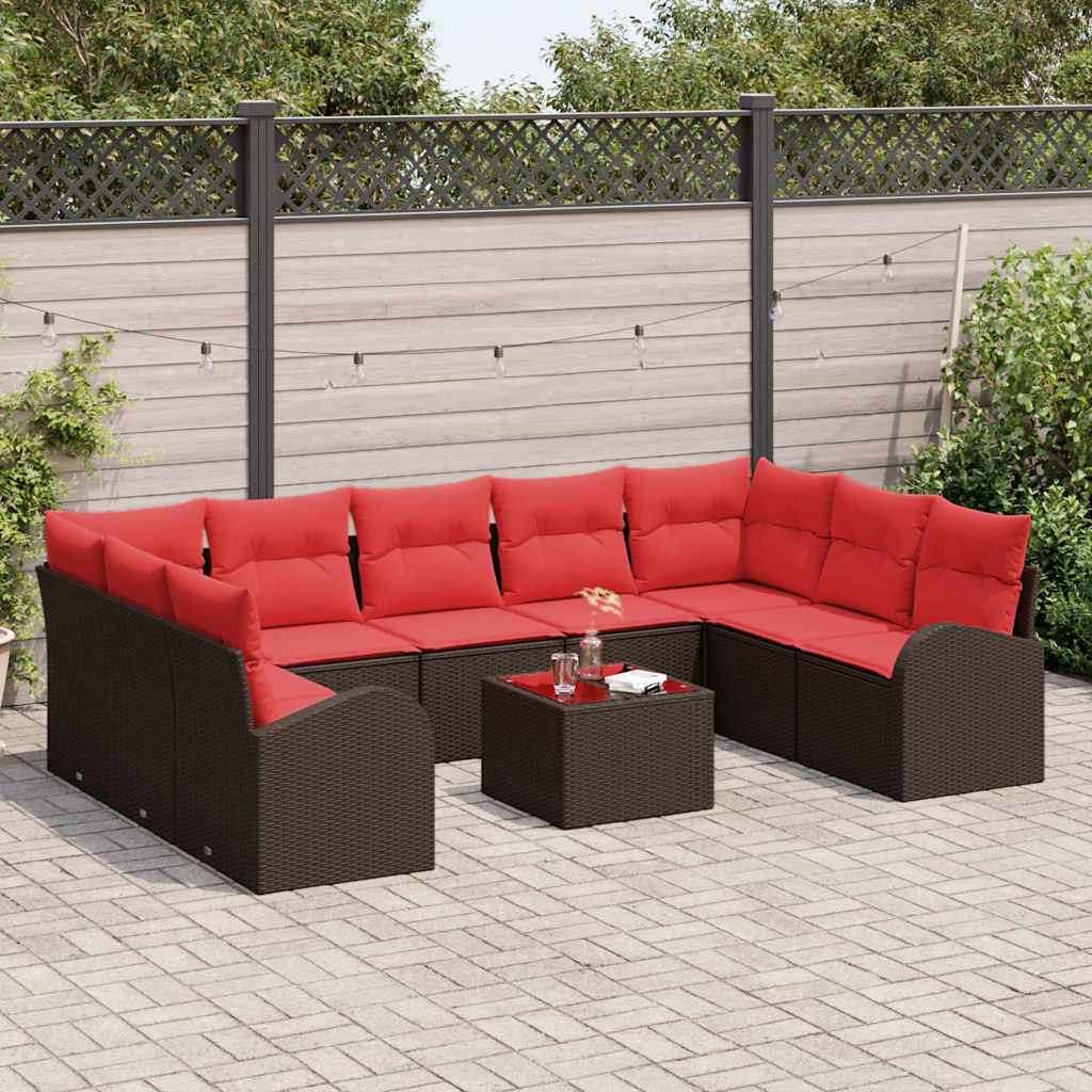 Set Divano da Giardino 10 pcs Marrone e Rosso polyrattan | homemem39