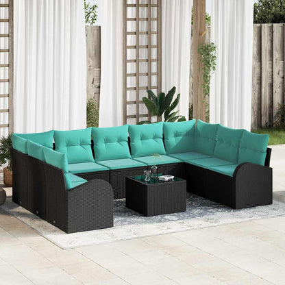 Set Divano da Giardino 10 pz Nero e Turchese polyrattan