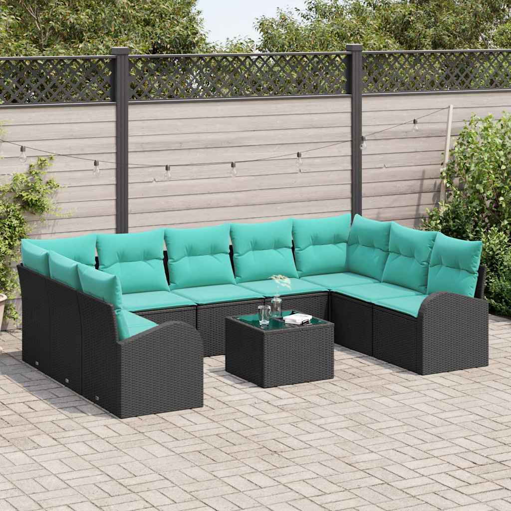 Set Divano da Giardino 10 pz Nero e Turchese polyrattan