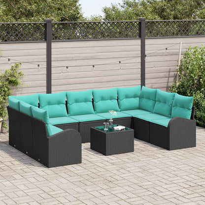 Set Divano da Giardino 10 pz Nero e Turchese polyrattan