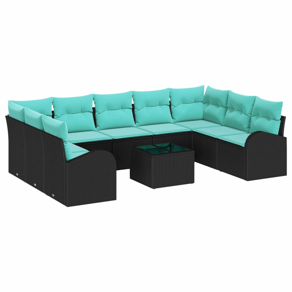 Set Divano da Giardino 10 pz Nero e Turchese polyrattan