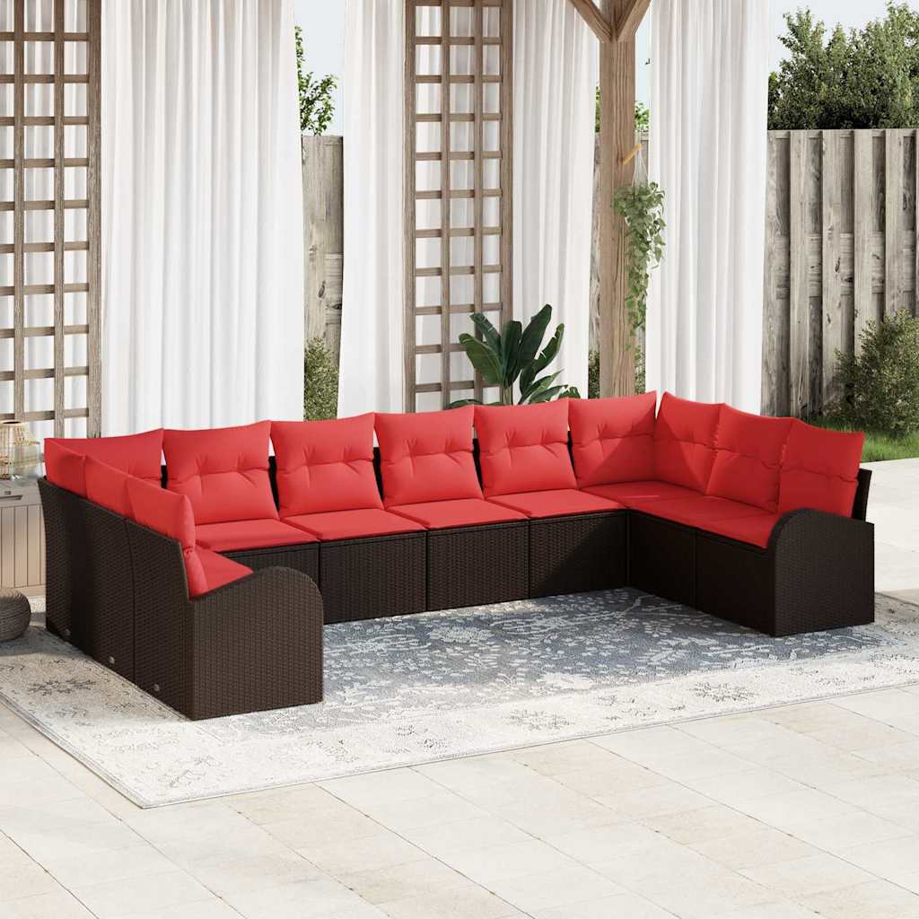 Set Divano da Giardino 10 pcs Marrone e Rosso polyrattan | homemem39