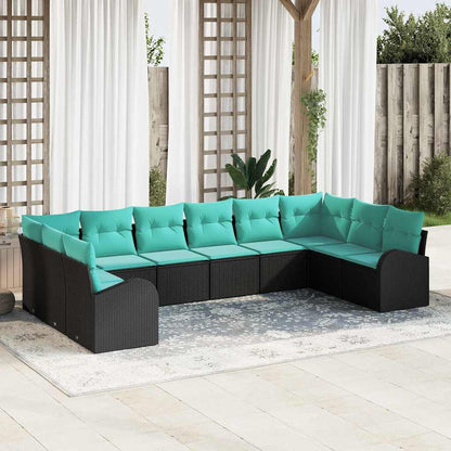 Set Divano da Giardino 10 pz Nero e Turchese polyrattan