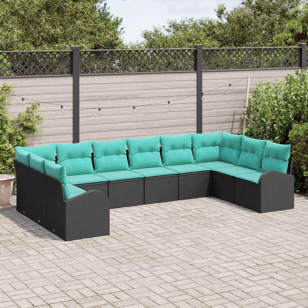 Set Divano da Giardino 10 pz Nero e Turchese polyrattan